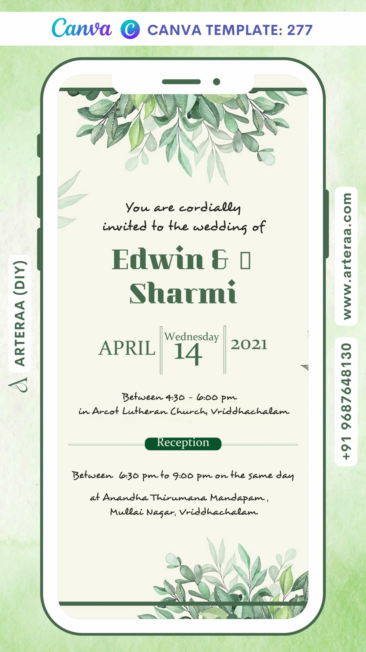 Wedding ceremony invitation card Canva Editable Template of hindu south indian tamil family in english language with Floral theme design 277