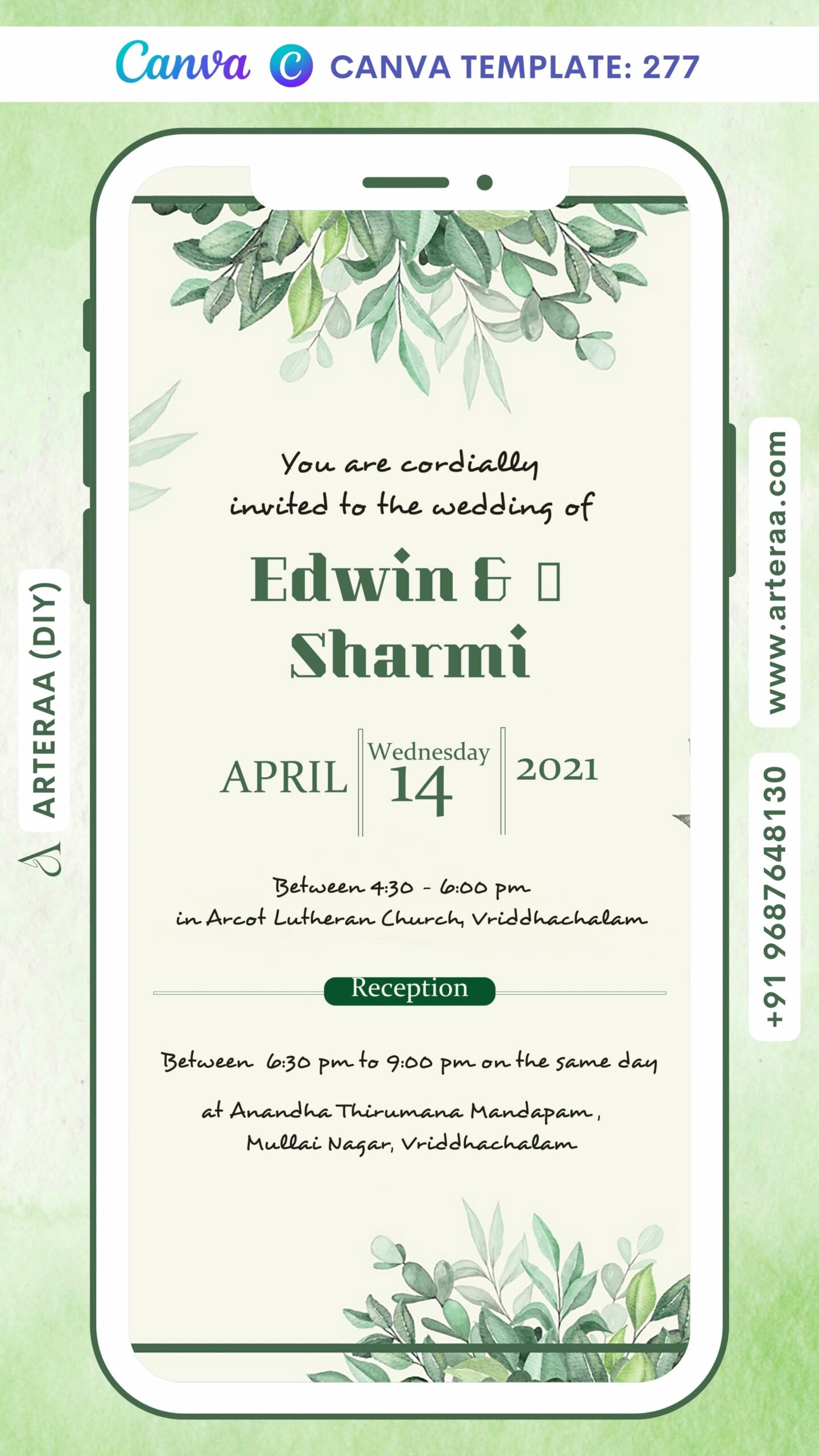 Wedding ceremony invitation card Canva Editable Template of hindu south indian tamil family in english language with Floral theme design 277