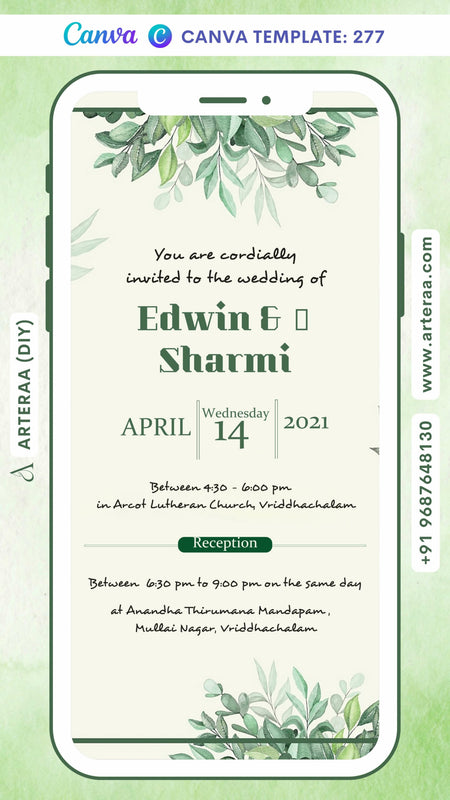 Wedding ceremony invitation card Canva Editable Template of hindu south indian tamil family in english language with Floral theme design 277