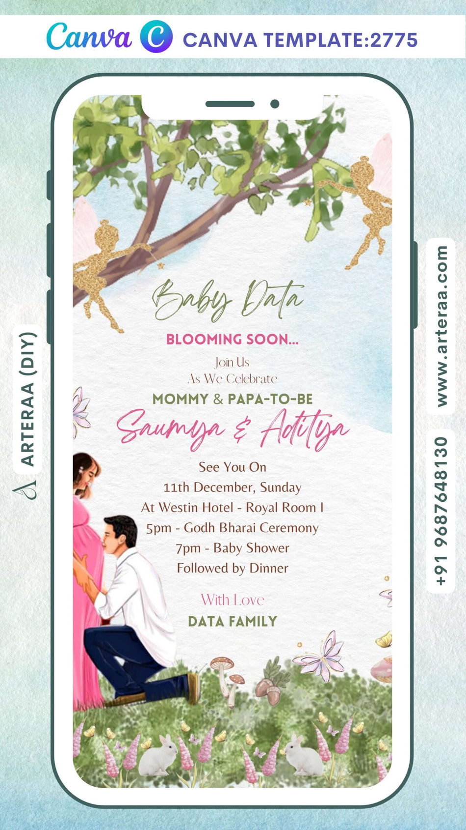 Baby Shower ceremony invitation Canva Editable video Template in english language with tree, couple doodle, butterfly as garden theme design 2775