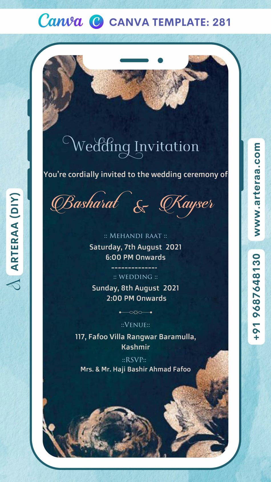 Wedding ceremony invitation card Canva Editable Template of hindu kashmiri family in english language with Artistic flowers theme design 281