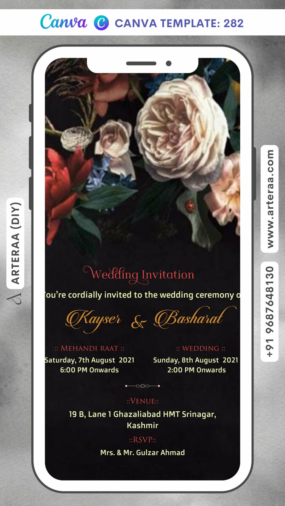 Wedding ceremony invitation card Canva Editable Template of hindu kashmiri family in english language with Artistic flowers theme design 282
