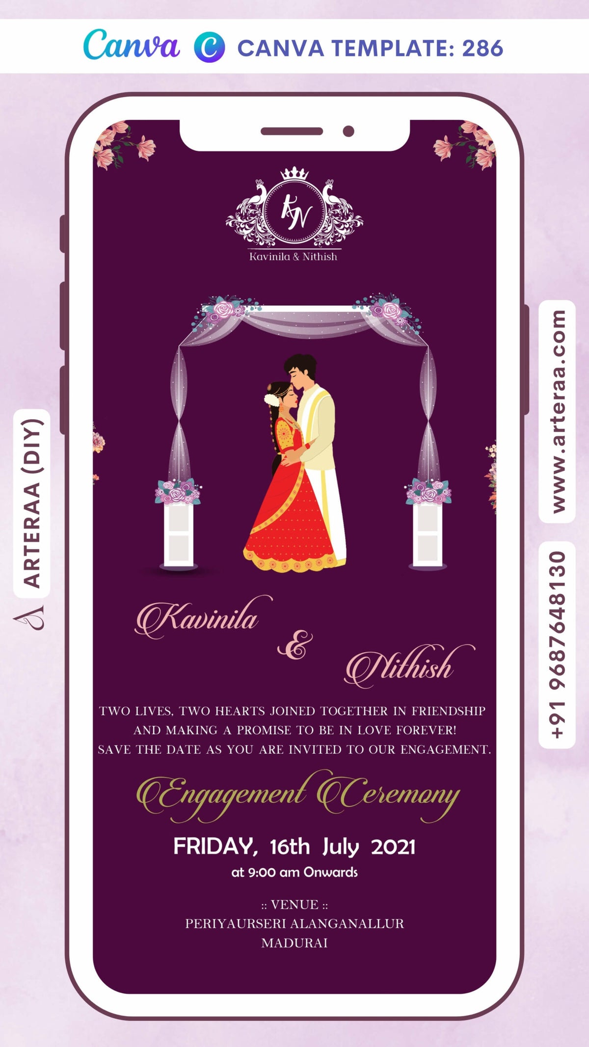 Wedding ceremony invitation card Canva Editable Template of hindu south indian tamil family in english language with Minimalistic theme design 286