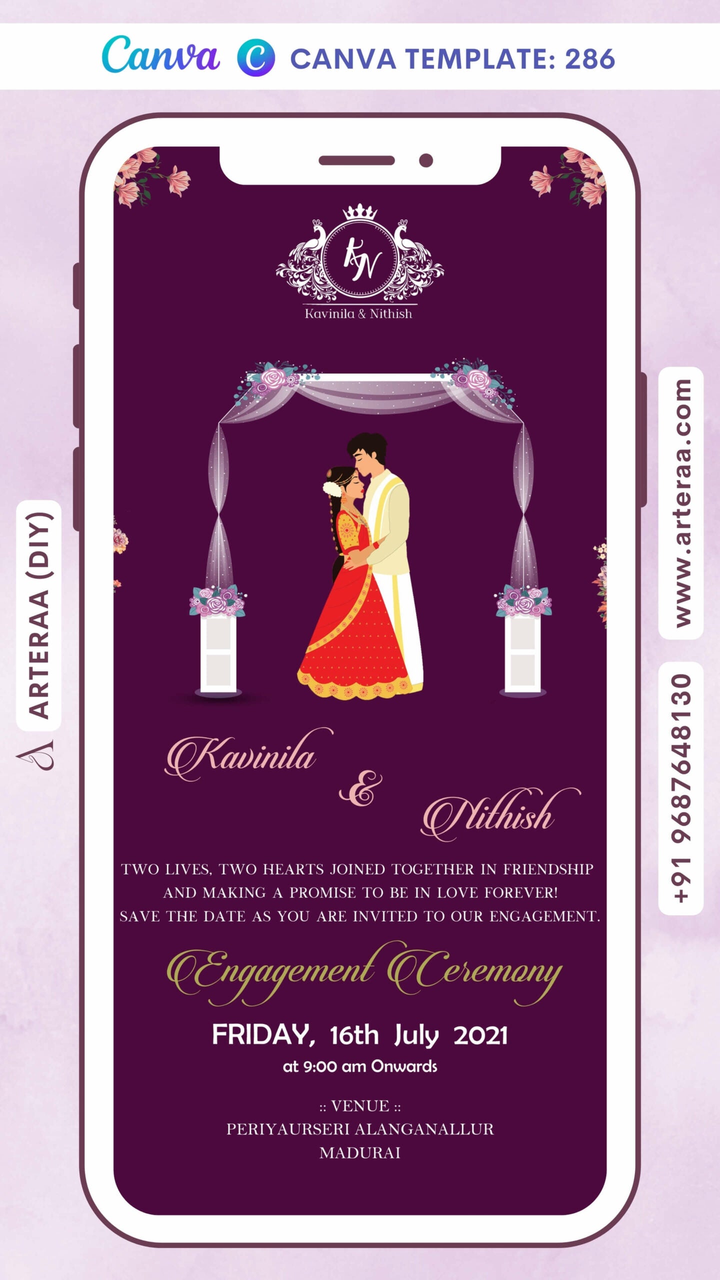 Wedding ceremony invitation card Canva Editable Template of hindu south indian tamil family in english language with Minimalistic theme design 286