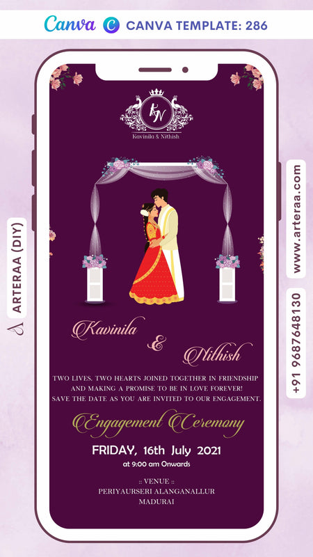 Wedding ceremony invitation card Canva Editable Template of hindu south indian tamil family in english language with Minimalistic theme design 286