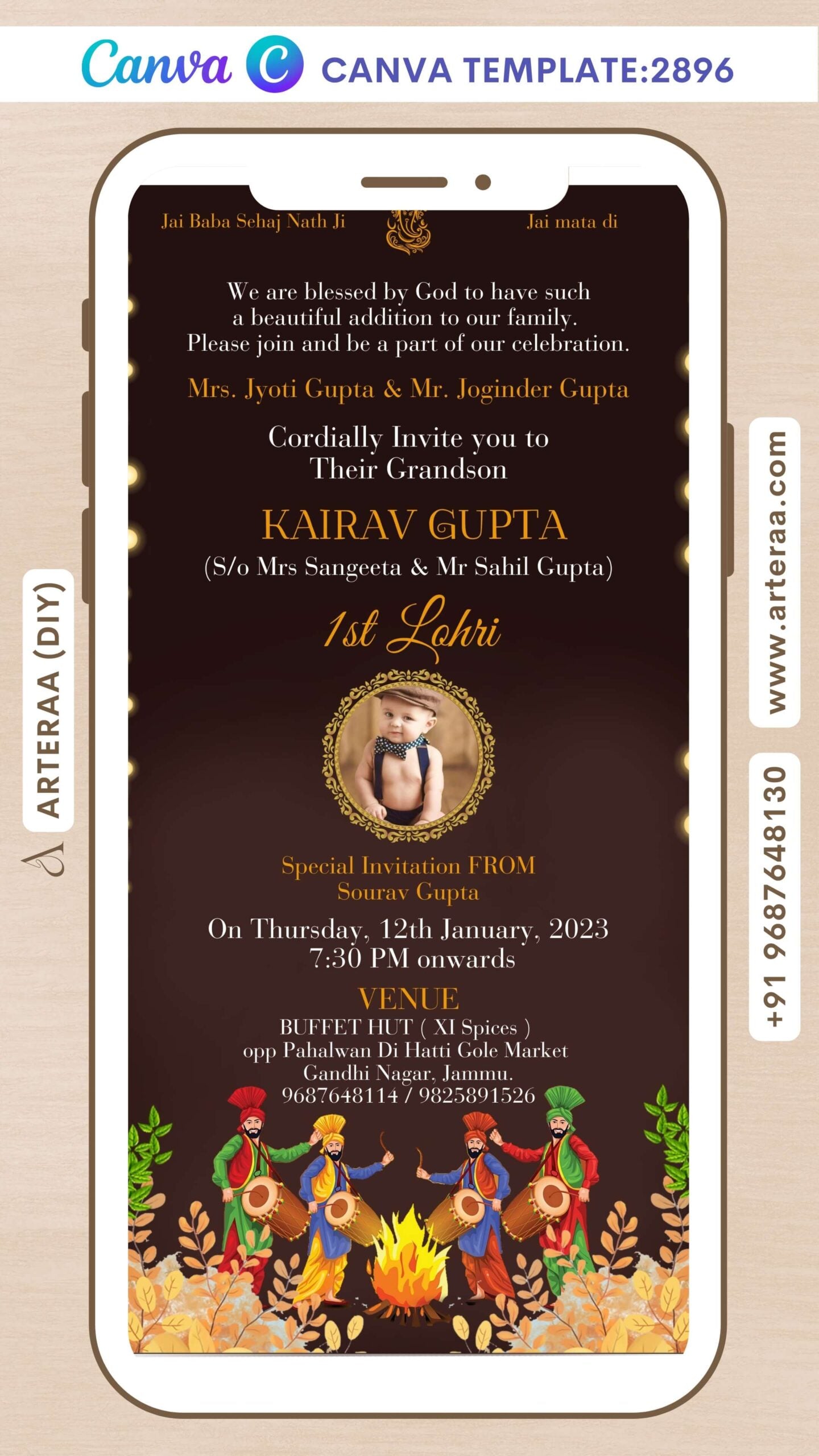 Lohri invitation Canva Editable video Template in english language with bonfire, doodle, string light, leaves,frame as classic theme design 2896
