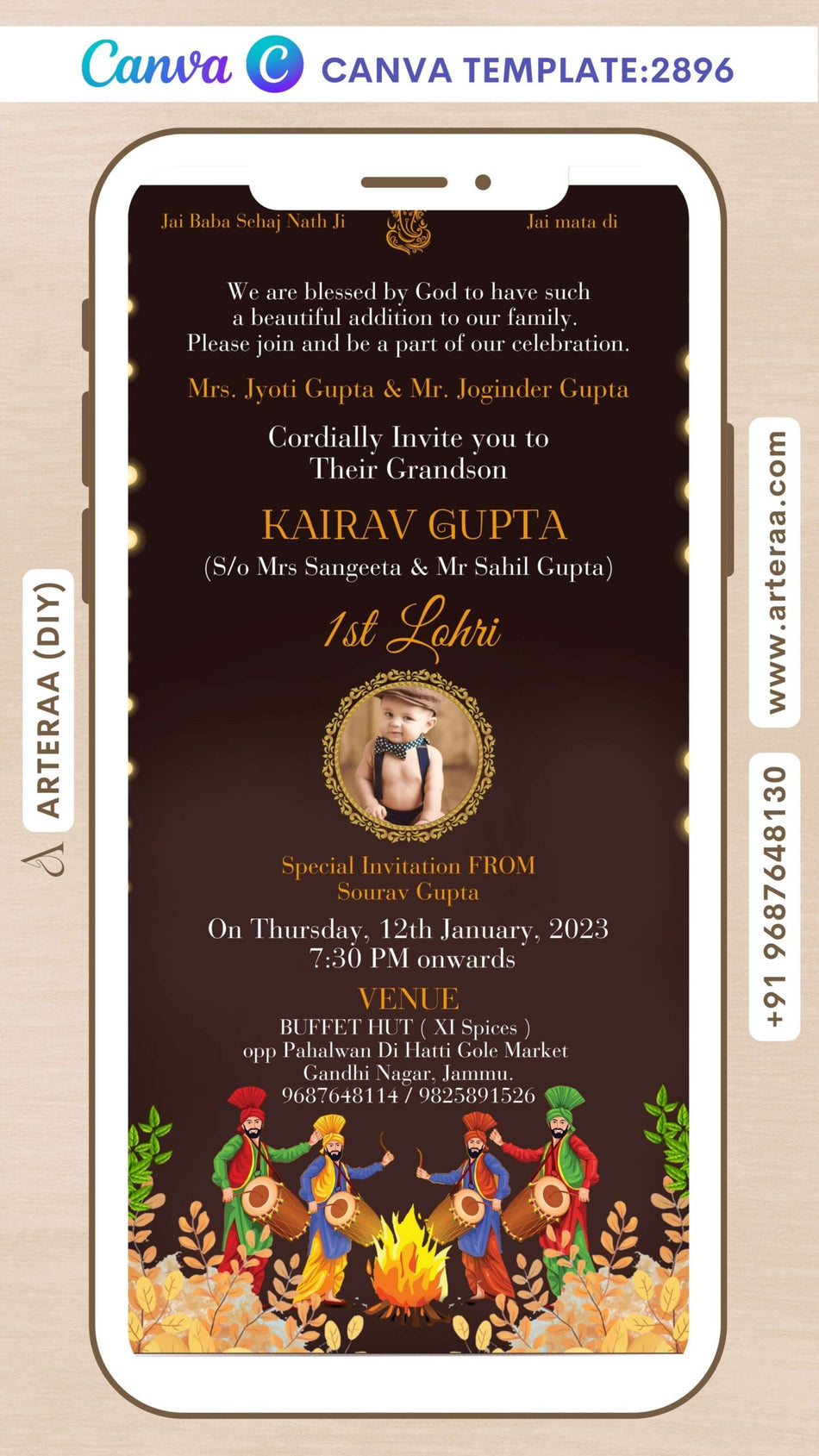Lohri invitation Canva Editable video Template in english language with bonfire, doodle, string light, leaves,frame as classic theme design 2896