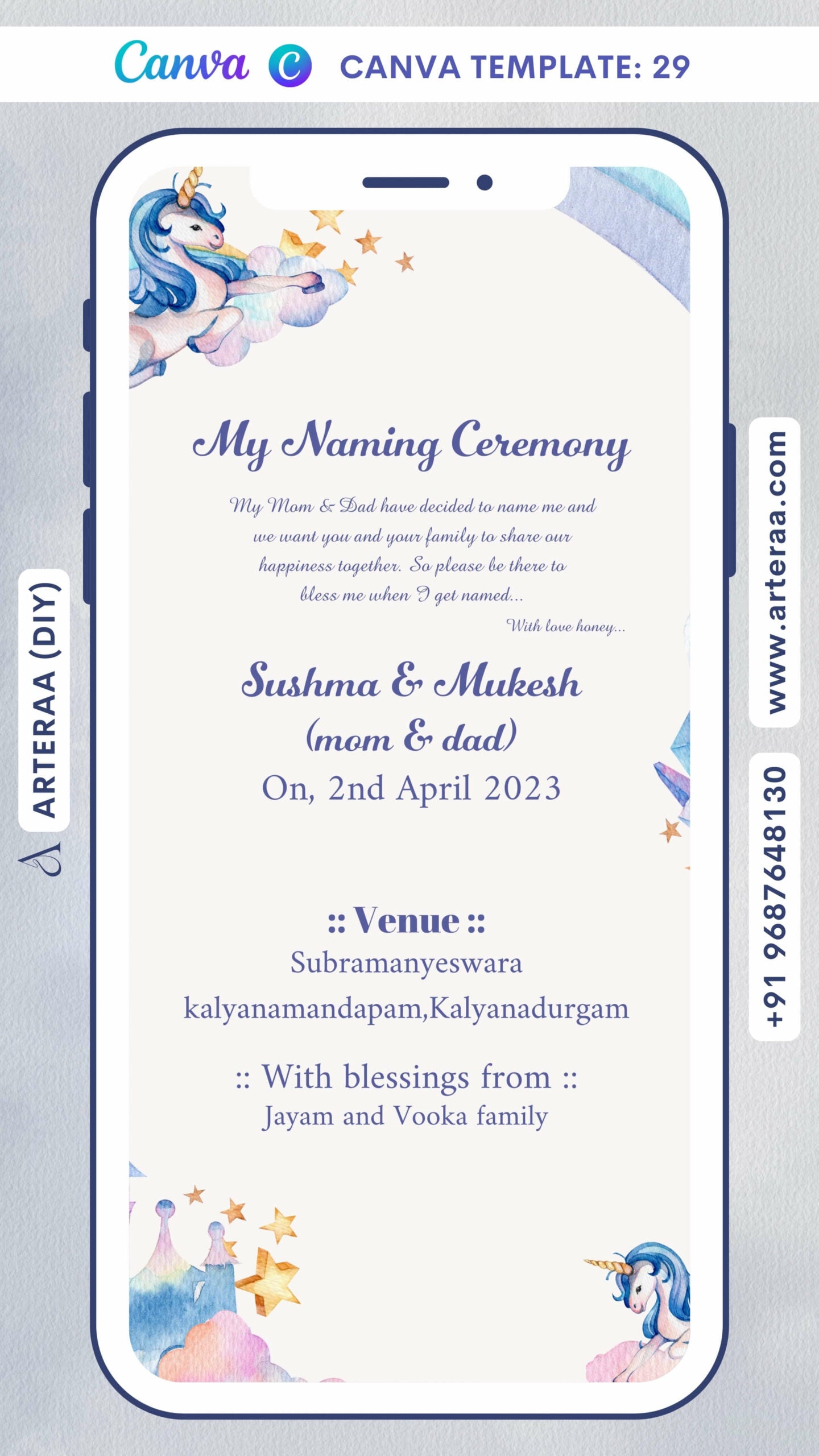 Digital Naming Ceremony Invitation Of Indian family In English Language With Playful and Unicorn Theme Canva Editable Template Design no - 29