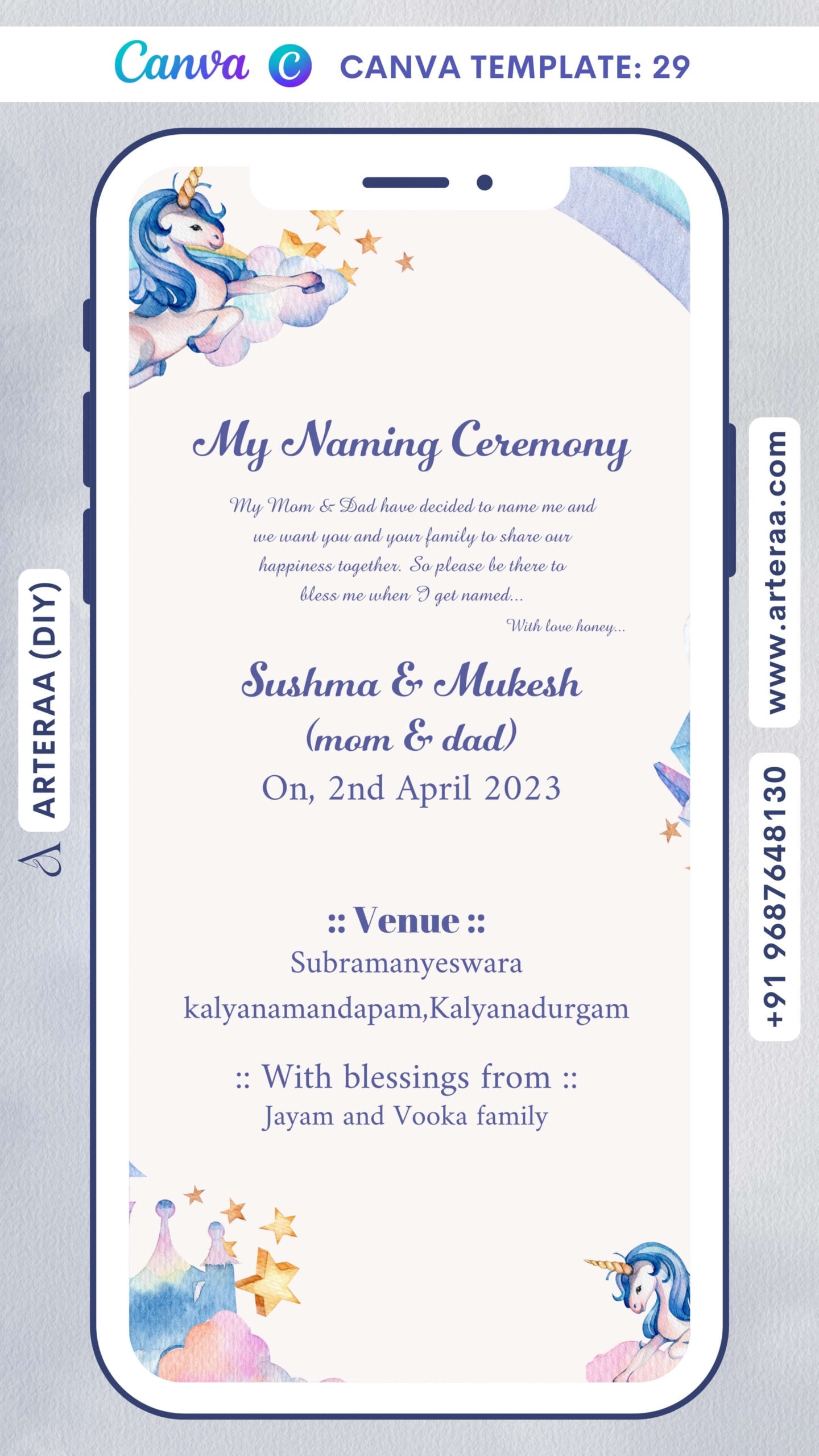 Baby Naming ceremony invitation card Canva Editable Template in english language with cloud, star, baby toy, baby photo as playful theme design 29