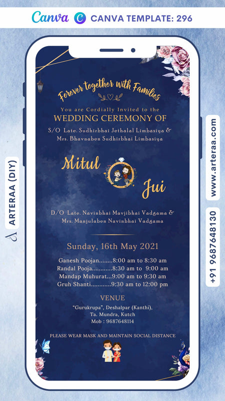 Wedding ceremony invitation card Canva Editable Template of hindu gujarati patel family in english language with Floral theme design 296