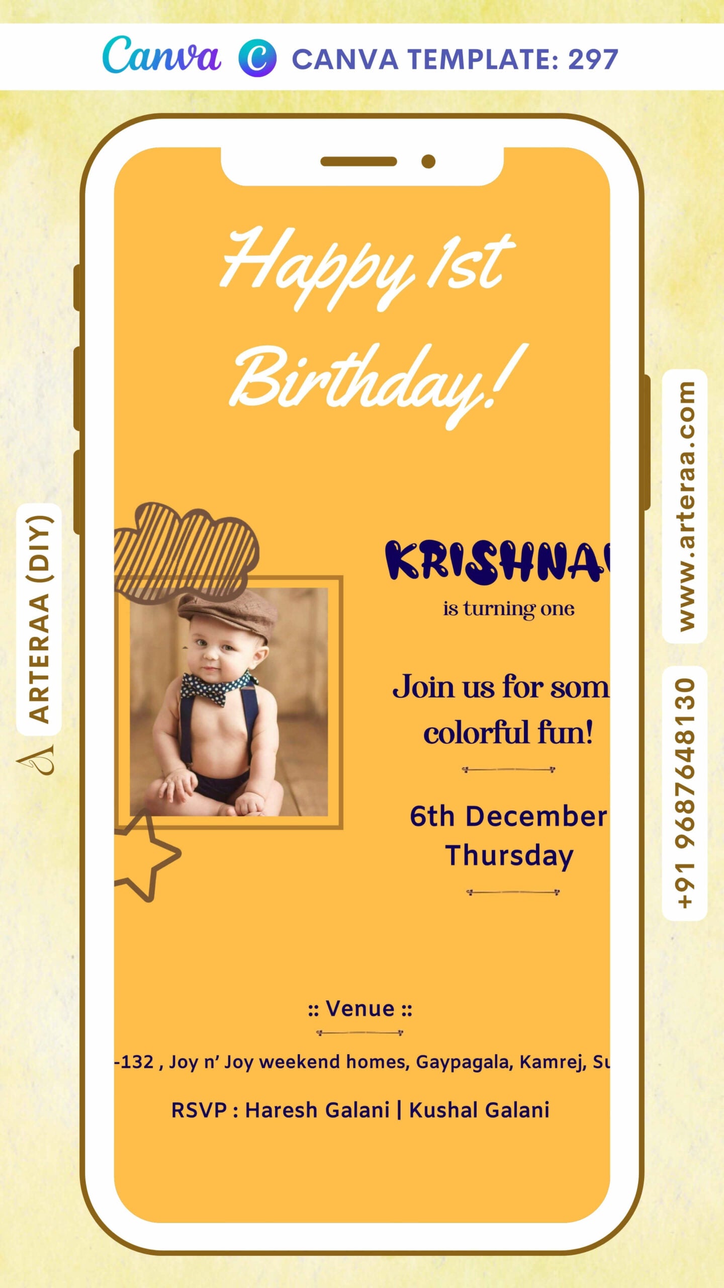 Birthday party invitation card Canva Editable Template for boy in gujarati language with baby photo theme design 297