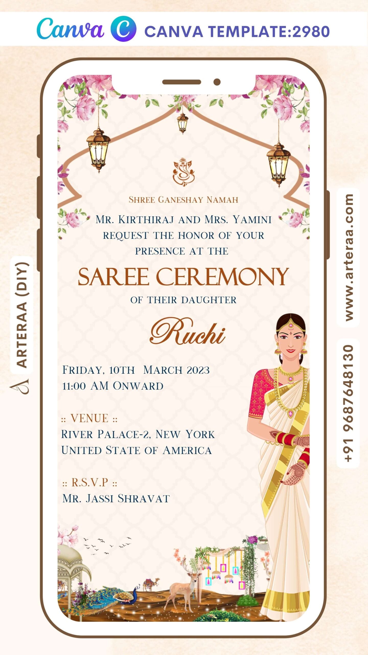 Half Saree ceremony invitation Canva Editable video Template in english language with royal dessert theme design 2980