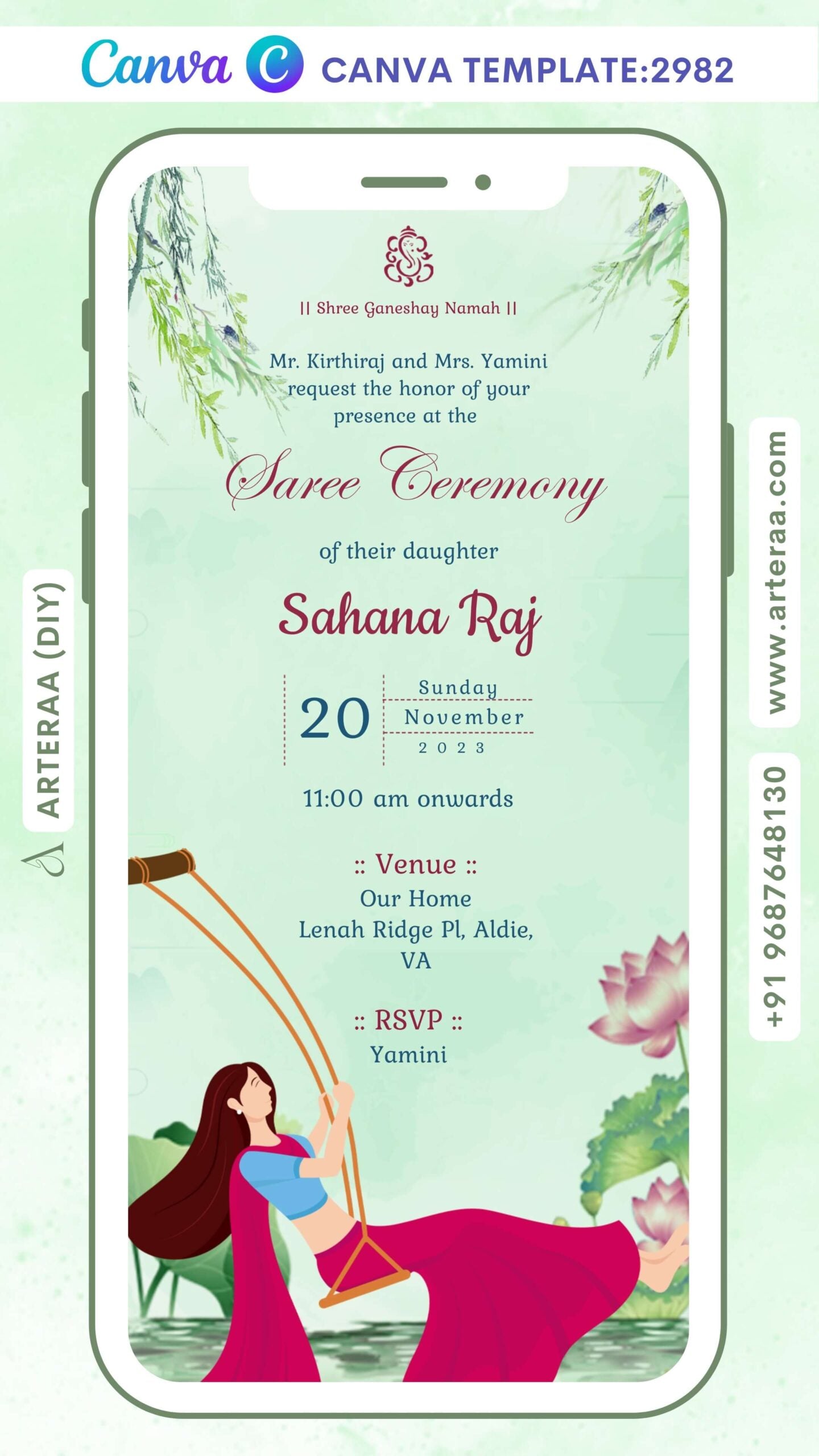 Half Saree ceremony invitation Canva Editable video Template in english language with lake theme design 2982