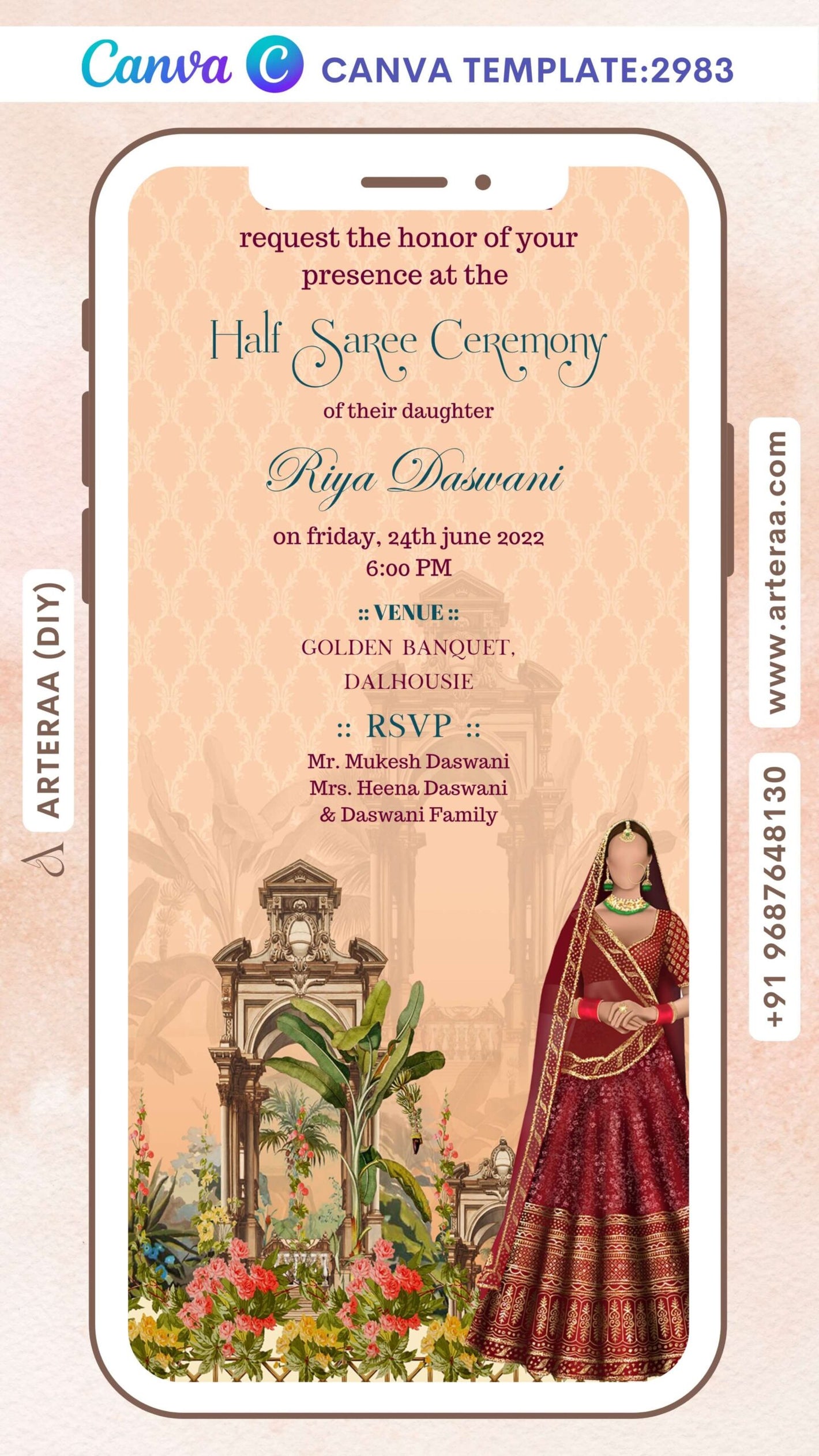 Half Saree ceremony invitation Canva Editable video Template in english language with vintage theme design 2983