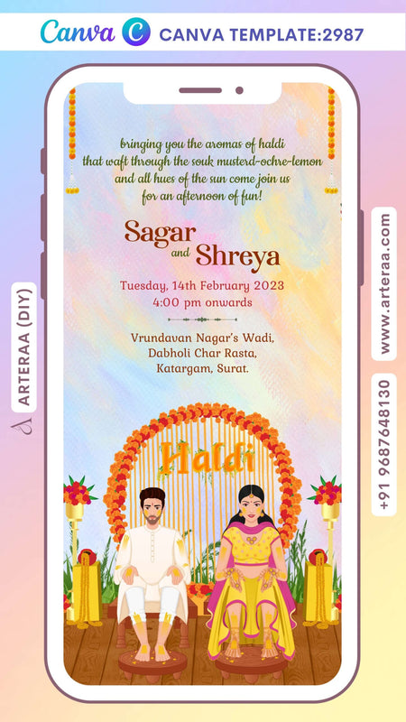 Haldi ceremony invitation Canva Editable video Template in english language with couple doodle, marigold garland as asthetic theme design 2987