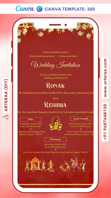 Wedding ceremony invitation card Canva Editable Template of hindu gujarati patel family in english language with Minimalistic theme design 300
