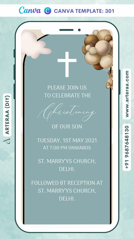 Baptism ceremony invitation card Canva Editable Templatein english language with balloons, cloud as playful theme design 301