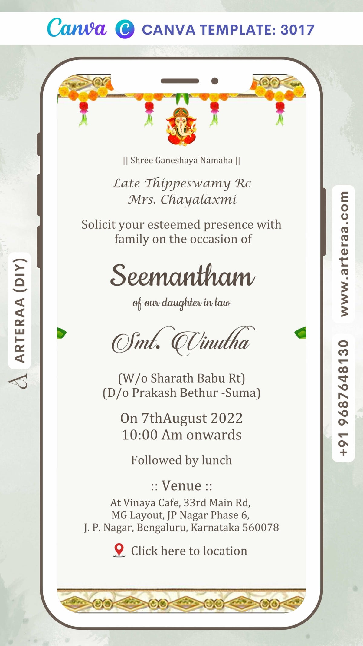 Digital Baby Shower Ceremony Invitation Of South Indian Family In English Language With Indian Traditional Theme Canva Editable Template design no - 3017