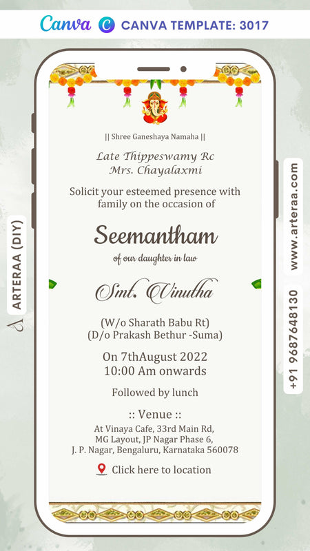 Digital Baby Shower Ceremony Invitation Of South Indian Family In English Language With Indian Traditional Theme Canva Editable Template design no - 3017