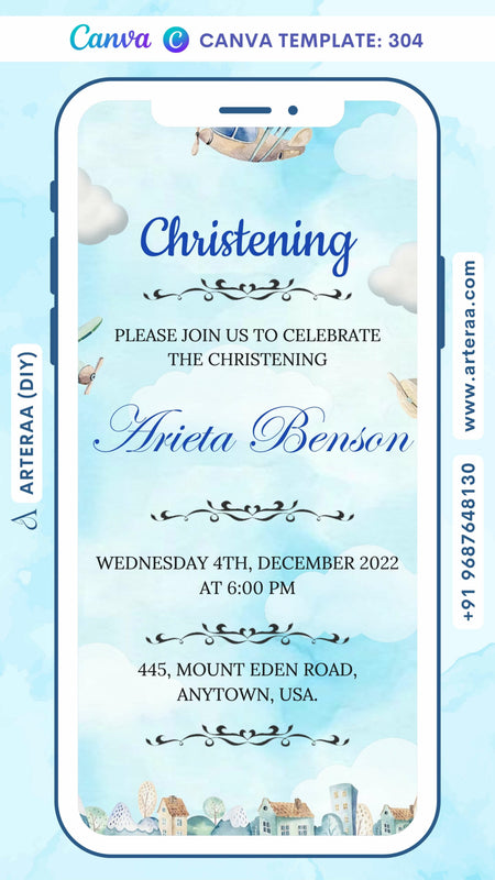 Baptism ceremony invitation card Canva Editable Template in english language with cloud, plane as asthetic theme design 304