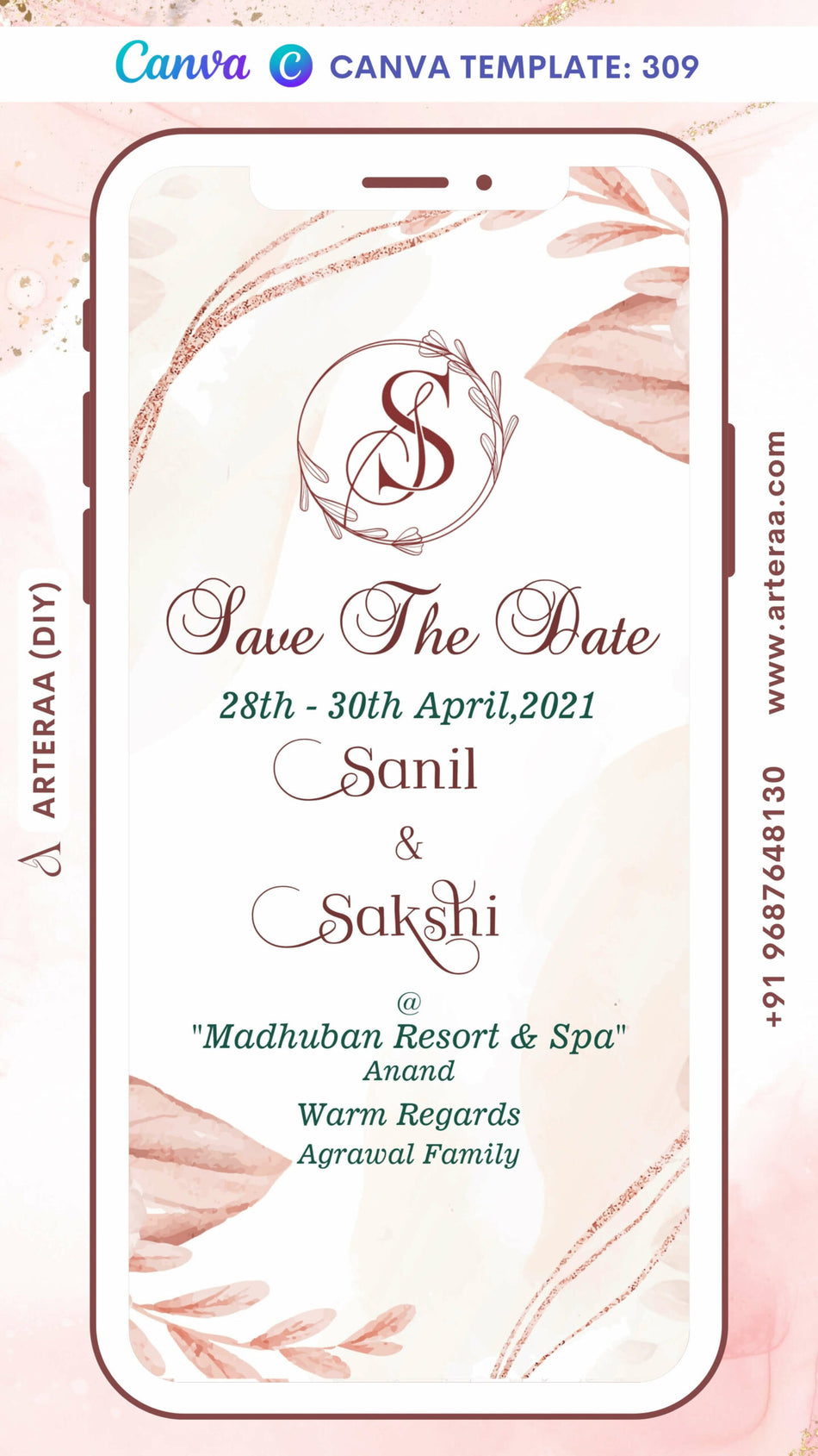 Digital Save The Date Invitation Of Indian Family In English Language With Pastel Leaf Theme Canva Editable Video Template Design No. 309
