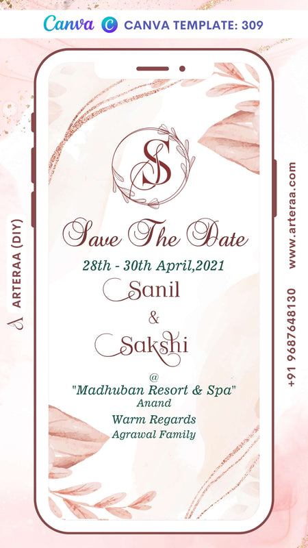 Save the Date card Canva Editable Template in english language with flowers, couple logo as floral theme design 309