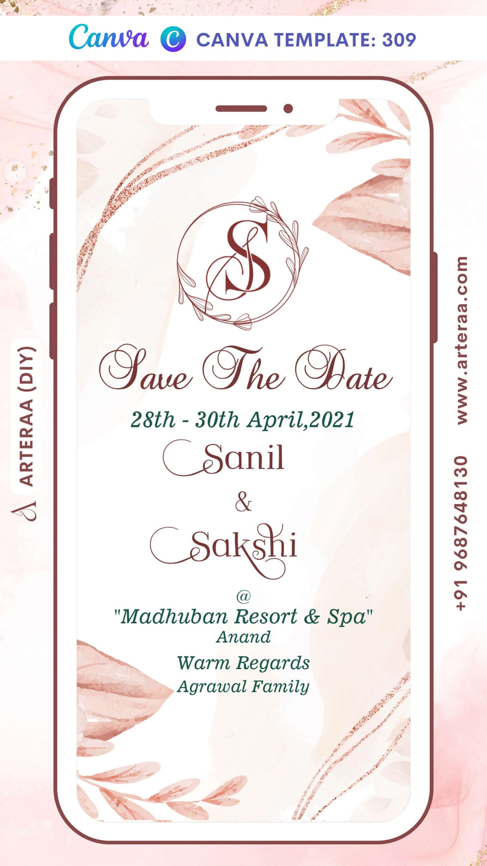 Save the Date card Canva Editable Template in english language with flowers, couple logo as floral theme design 309