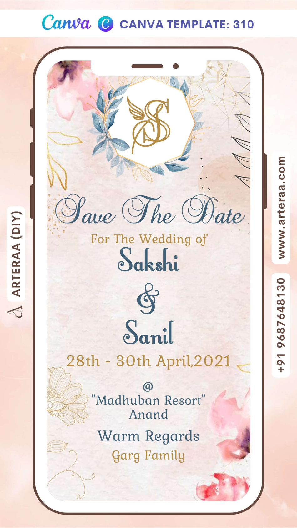 Save the Date card Canva Editable Template in english language with couple logo, leaves as floral theme design 310