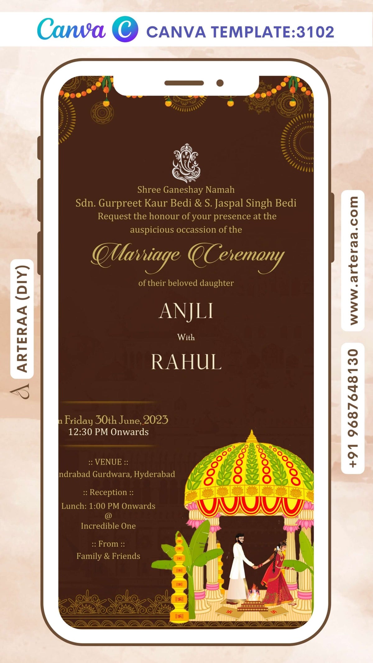 Wedding ceremony invitation Canva Editable video Template of hindu south indian telugu family in english language with traditional theme design 3102