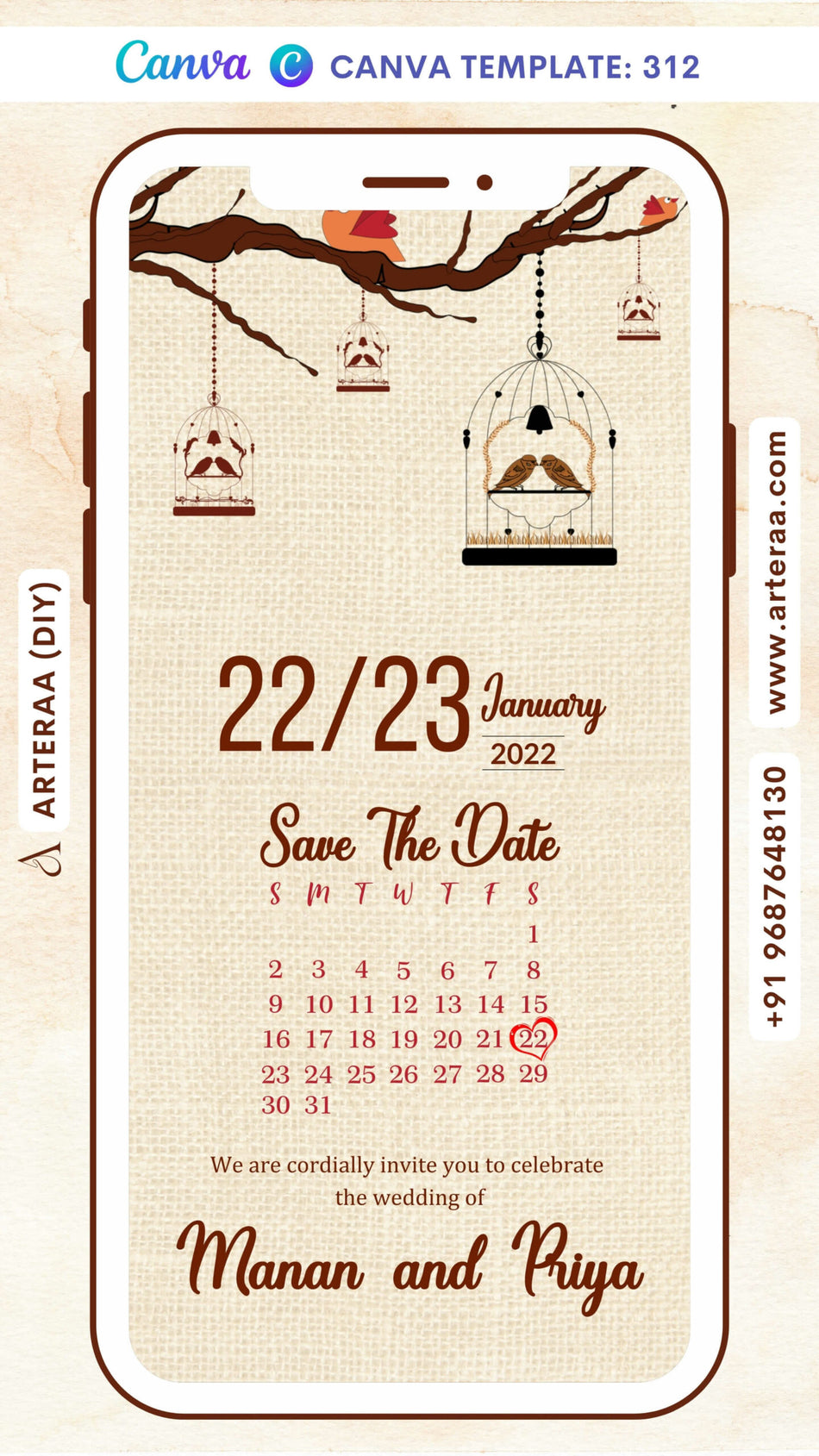 Digital Save The Date Invitation Of Indian Family In English Language With Minimalistic Theme Canva Editable Video Template Design No. 312