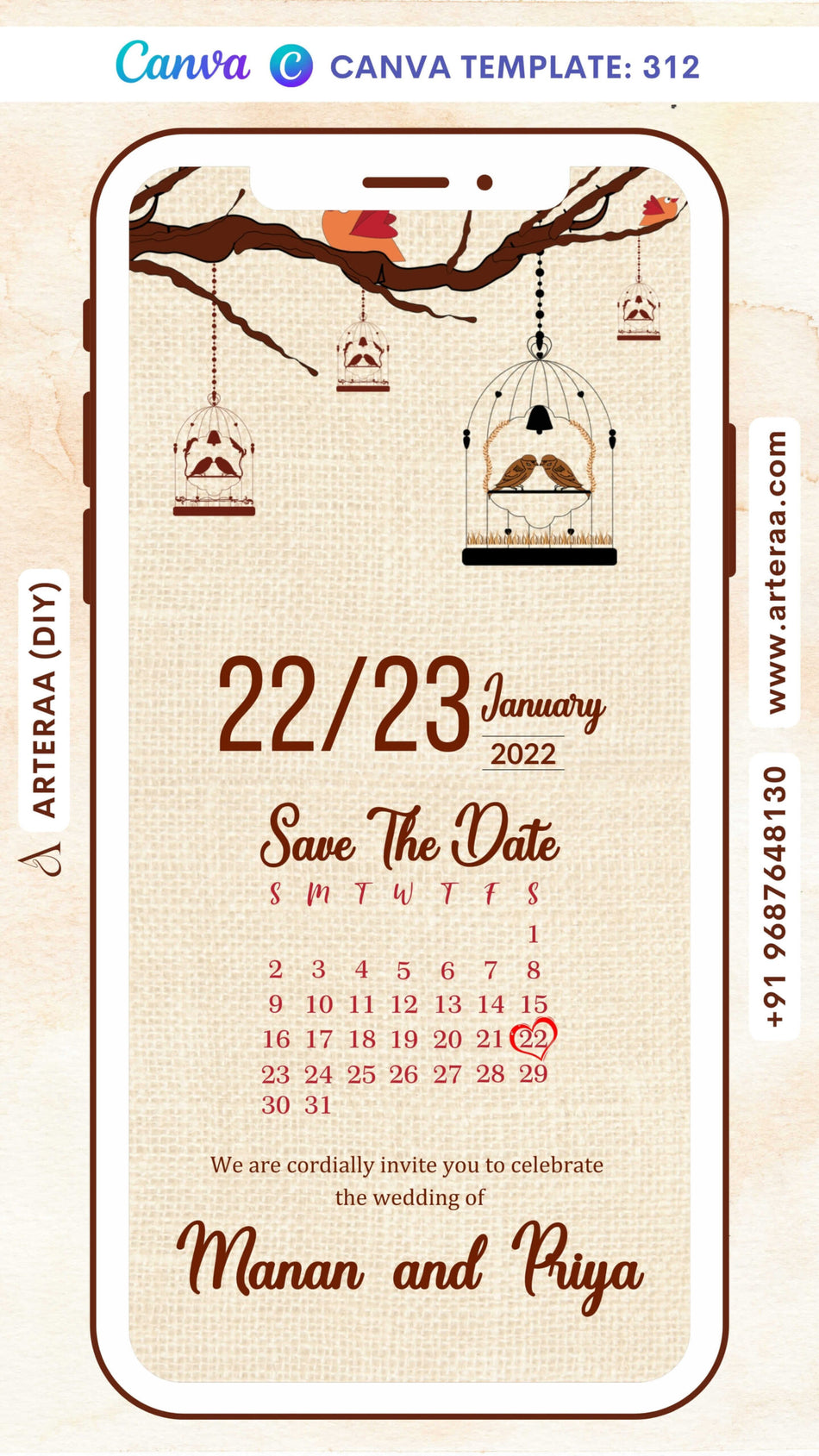 Save the Date card Canva Editable Template in english language with birds, calendar as vintage theme design 312