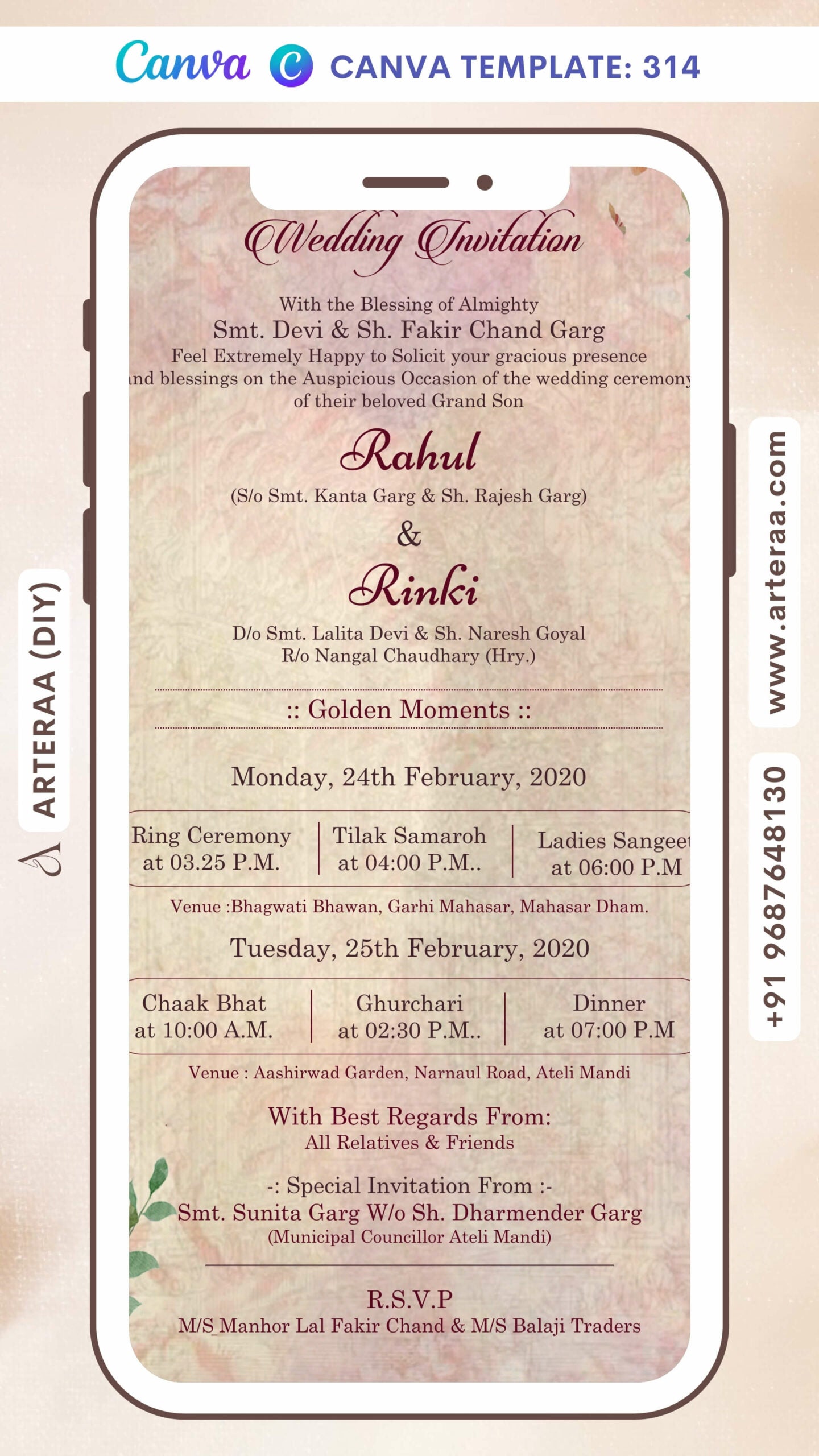Wedding ceremony invitation card Canva Editable Template of hindu North indian family in english language with Classic theme design 314