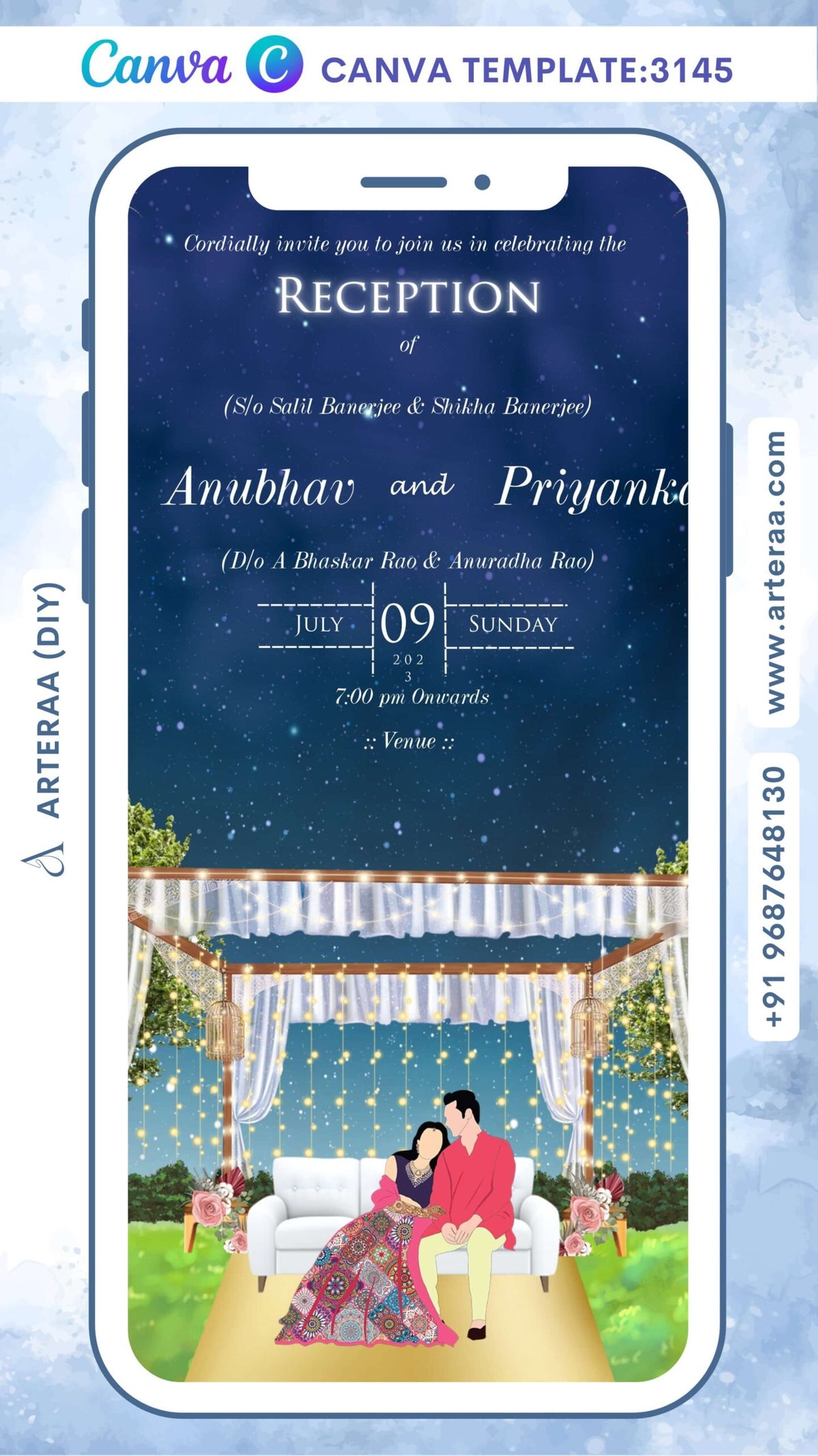Reception Party invitation Canva Editable video Template in english language with romantic couple doodle, flowers as garden theme design 3145