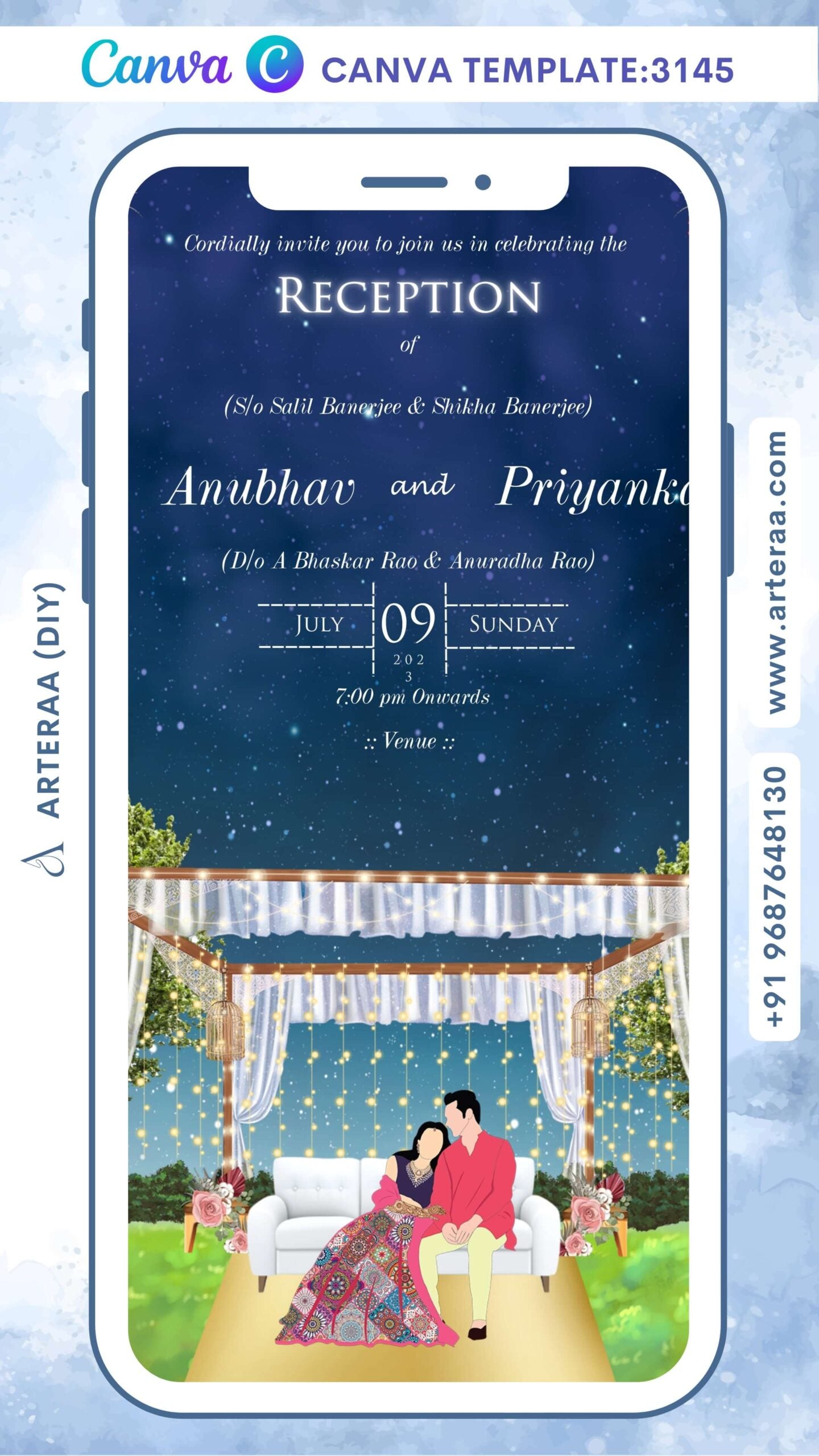 Reception Party invitation Canva Editable video Template in english language with romantic couple doodle, flowers as garden theme design 3145