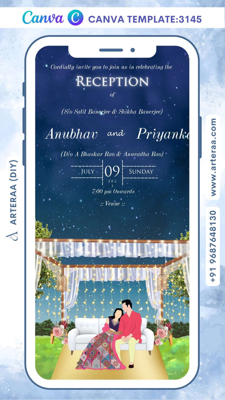 Reception Party invitation Canva Editable video Template in english language with romantic couple doodle, flowers as garden theme design 3145
