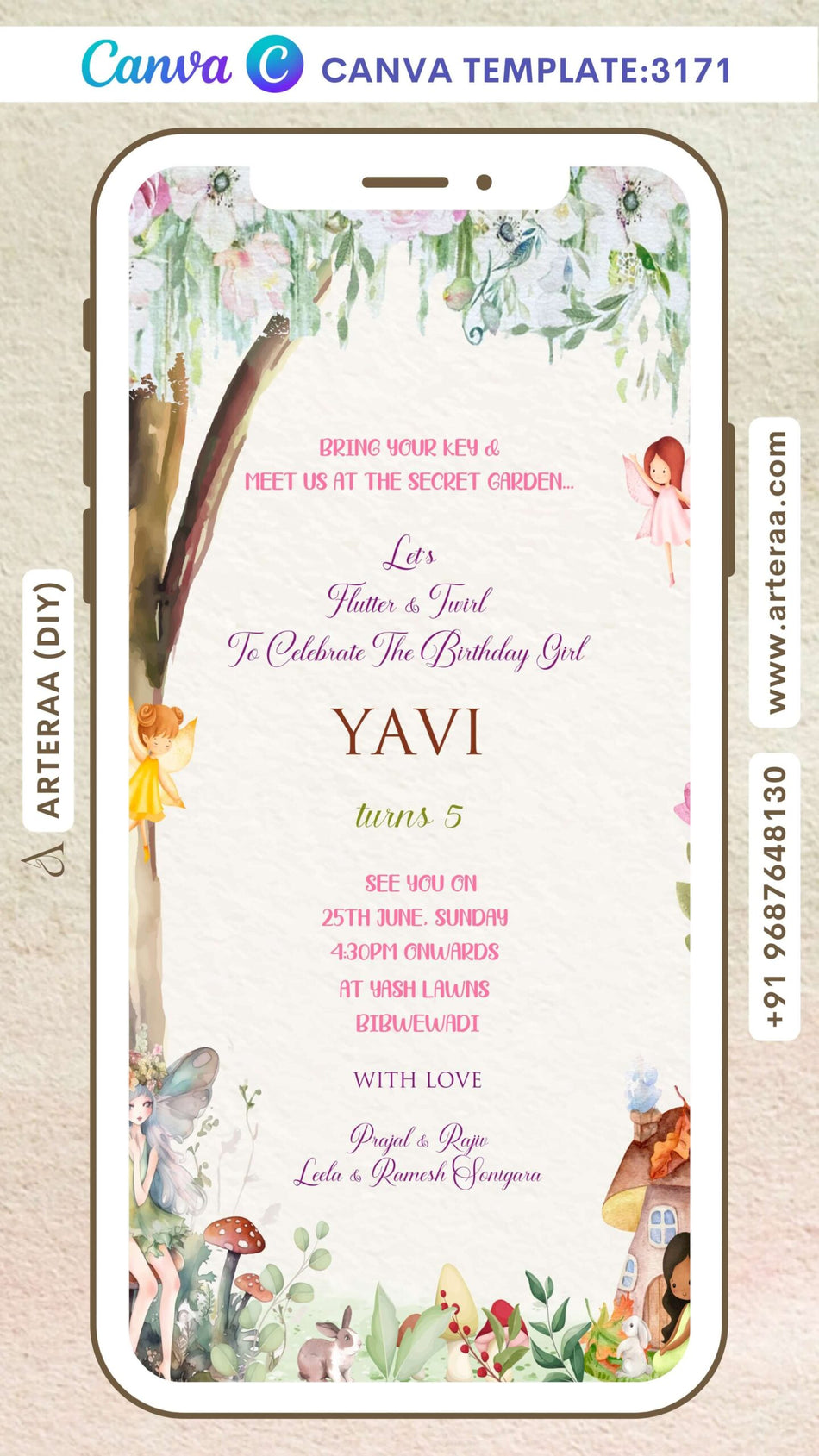 Birthday party invitation Canva Editable video Template for girl in English language with fairy tale theme design 3171