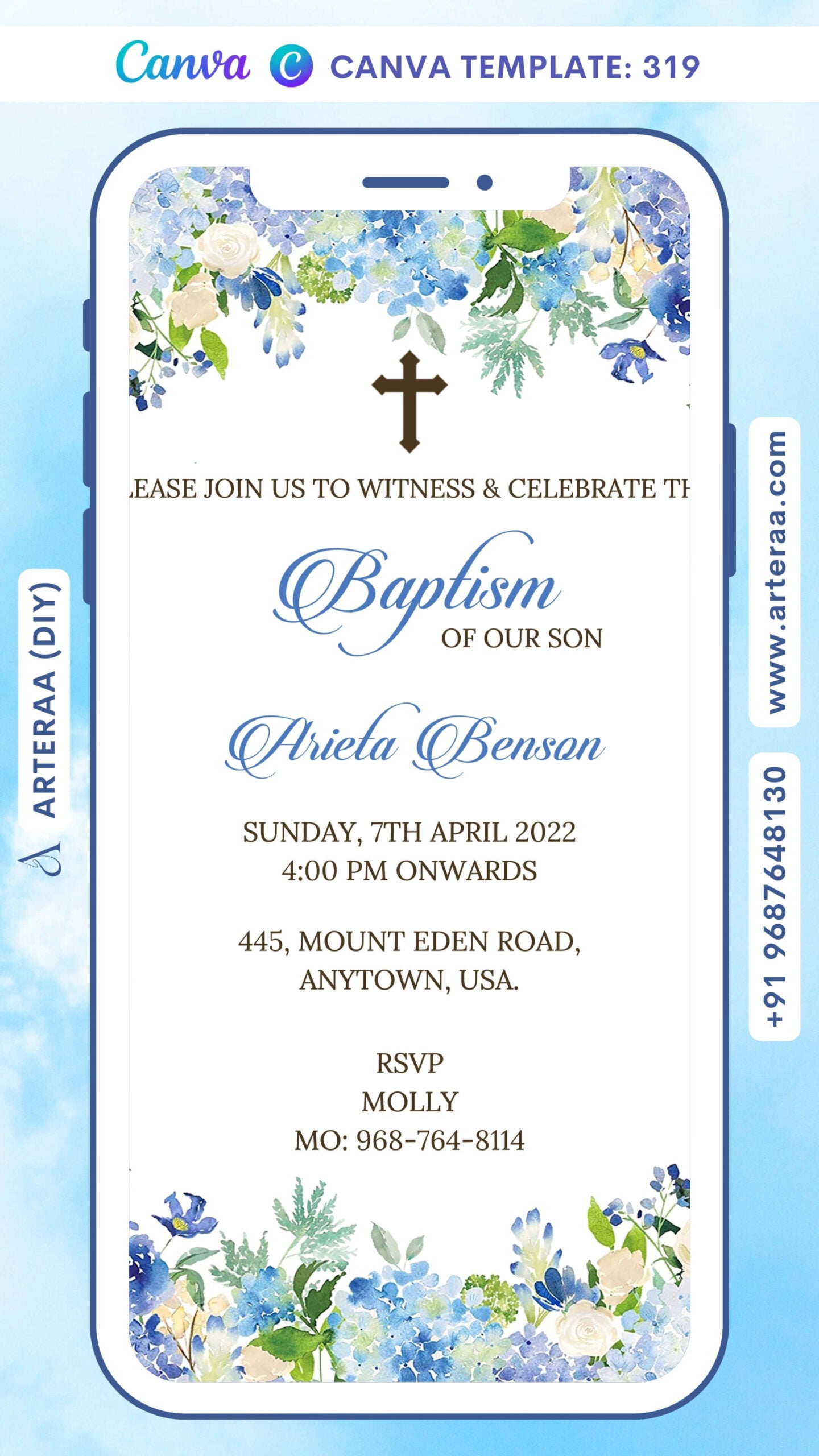 Baptism ceremony invitation card Canva Editable Template in english language with flowers, leaves as floral theme design 319