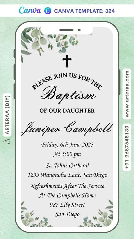 Baptism ceremony invitation card Canva Editable Template in english language with leaves as floral theme design 324
