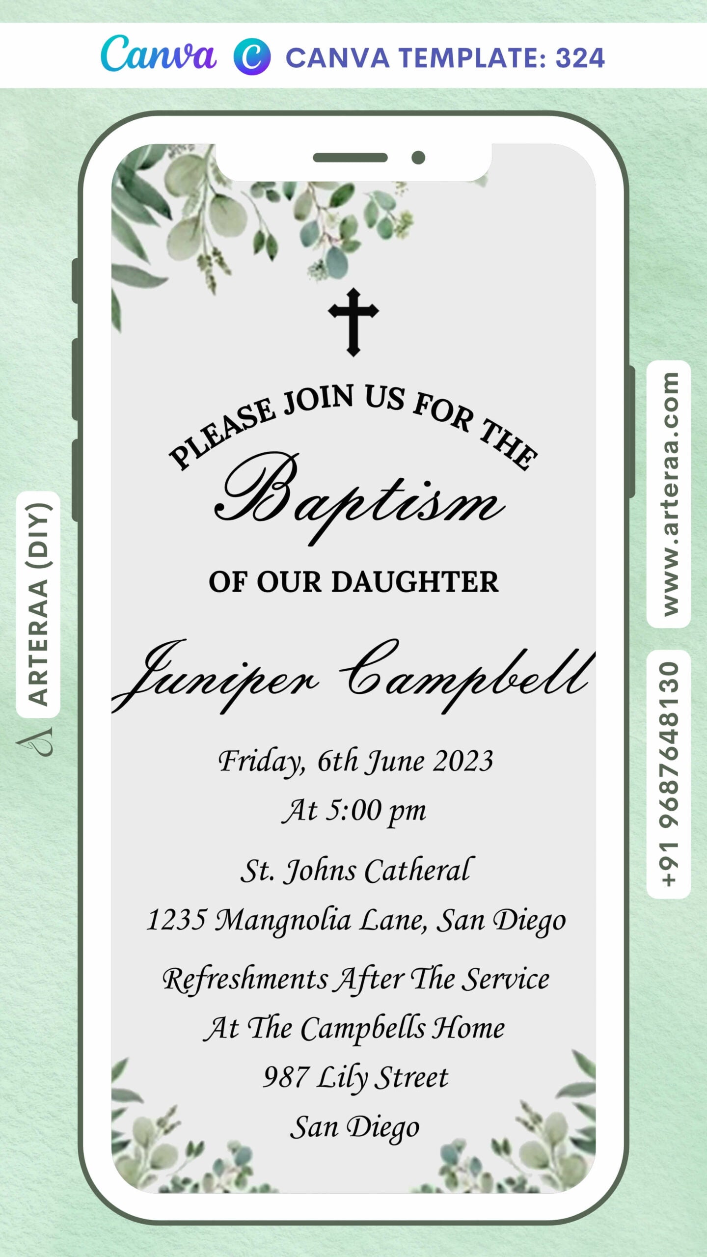 Digital Baptism Invitation of Christian Family in English Language With Leaf Theme Canva Editable Video Template Design No. 324