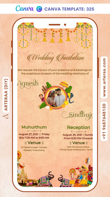 Wedding ceremony invitation card Canva Editable Template of hindu south indian tamil family in english language with traditional theme design 325