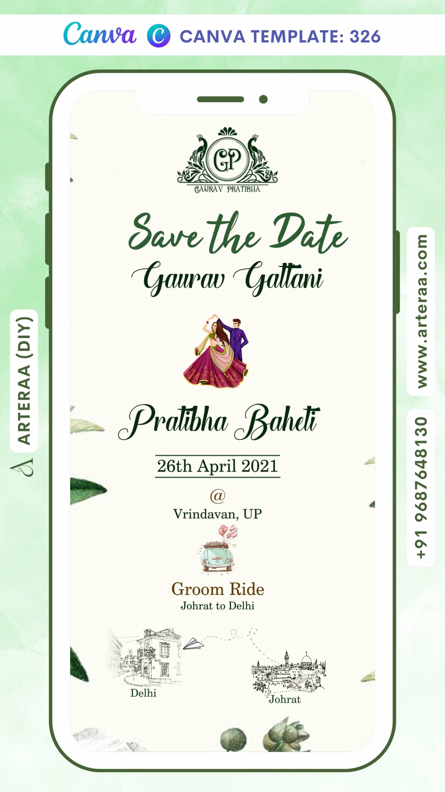 Save the Date card Canva Editable Template in english language with romantic couple doodle as artistic leaves theme design 326