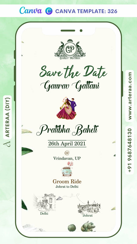 Save the Date card Canva Editable Template in english language with romantic couple doodle as artistic leaves theme design 326