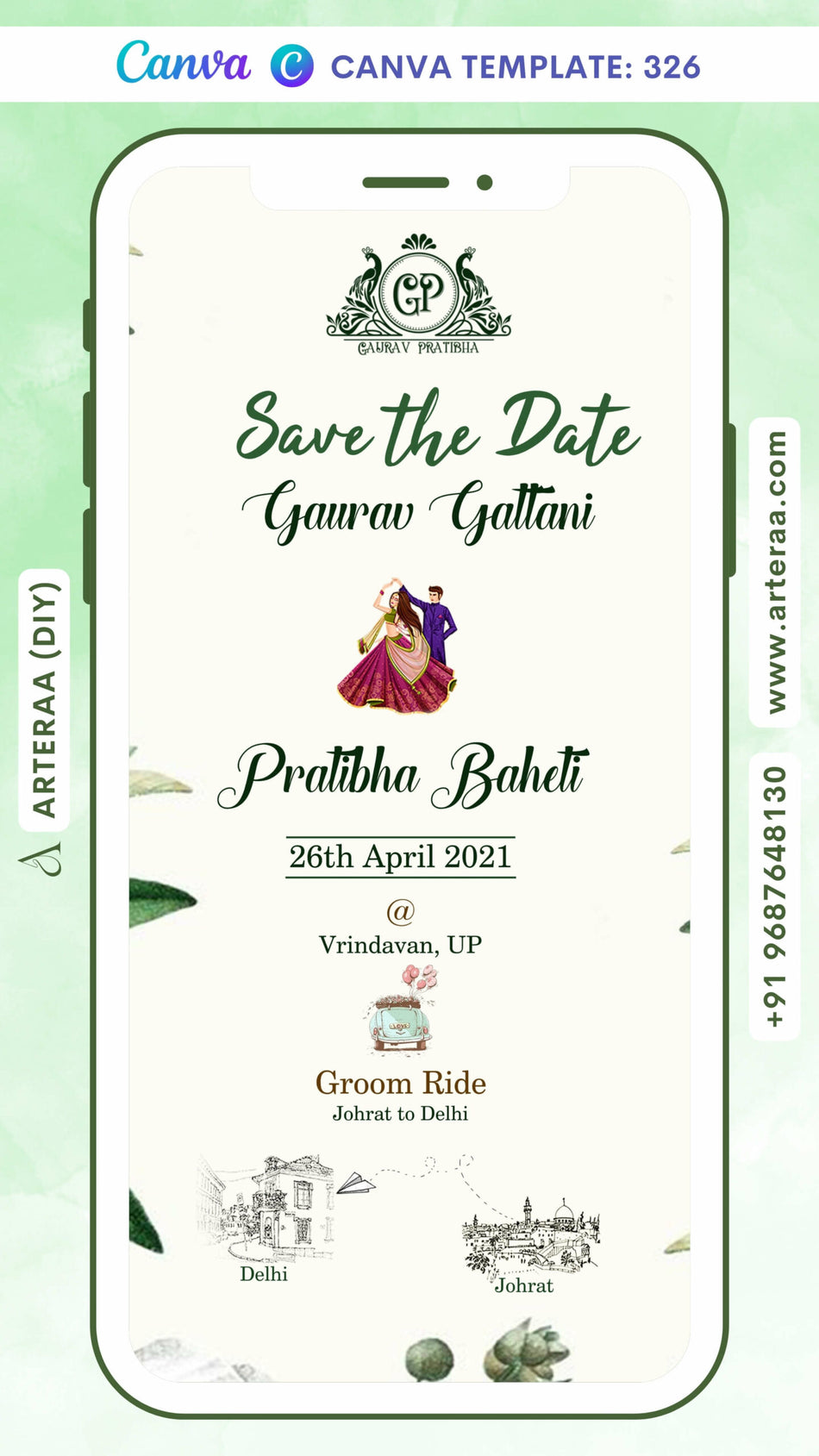 Save the Date card Canva Editable Template in english language with romantic couple doodle as artistic leaves theme design 326