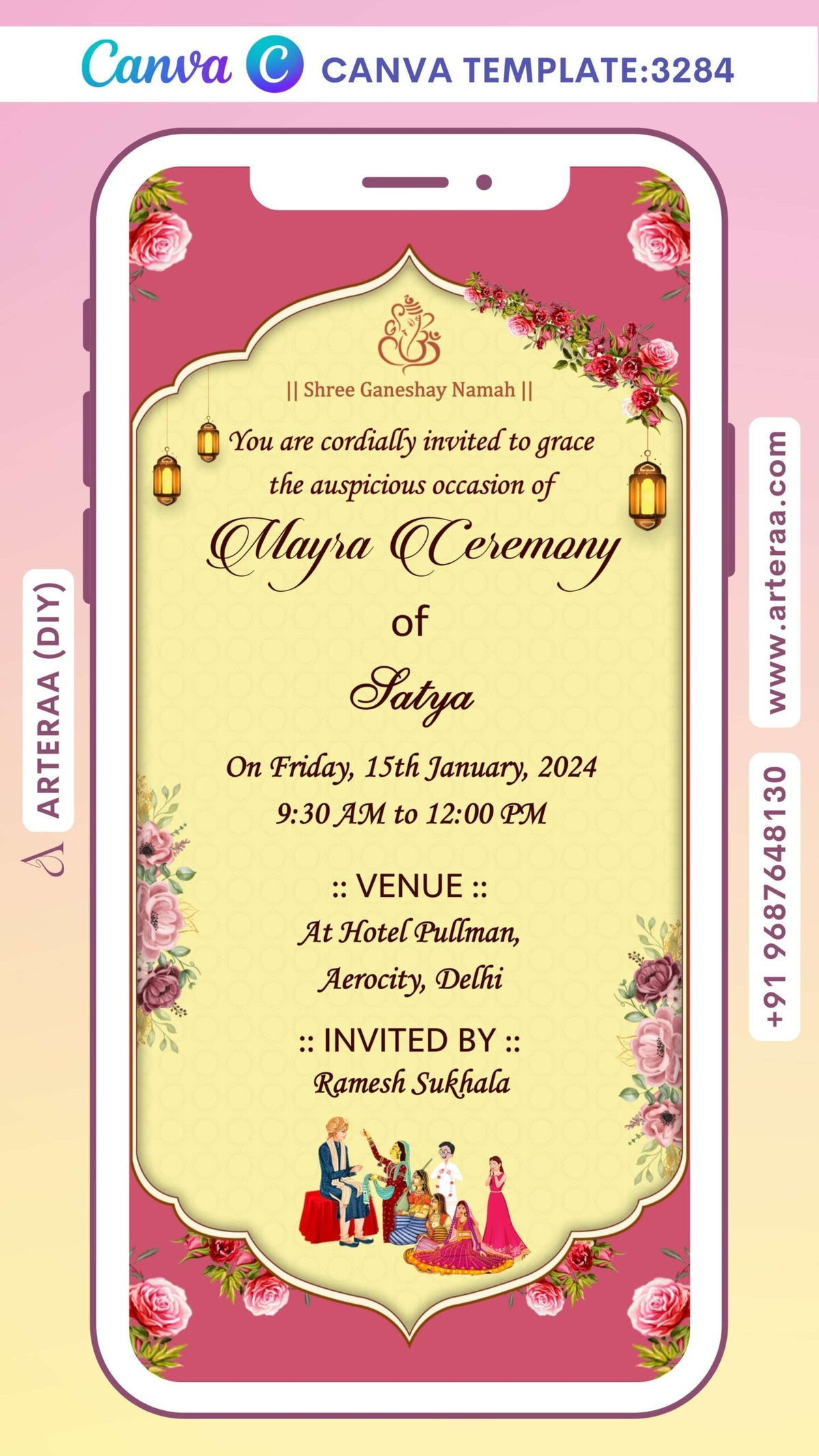 Mayra Ceremony invitation Canva Editable video Template in english language with flowers as arch frame theme design 3284