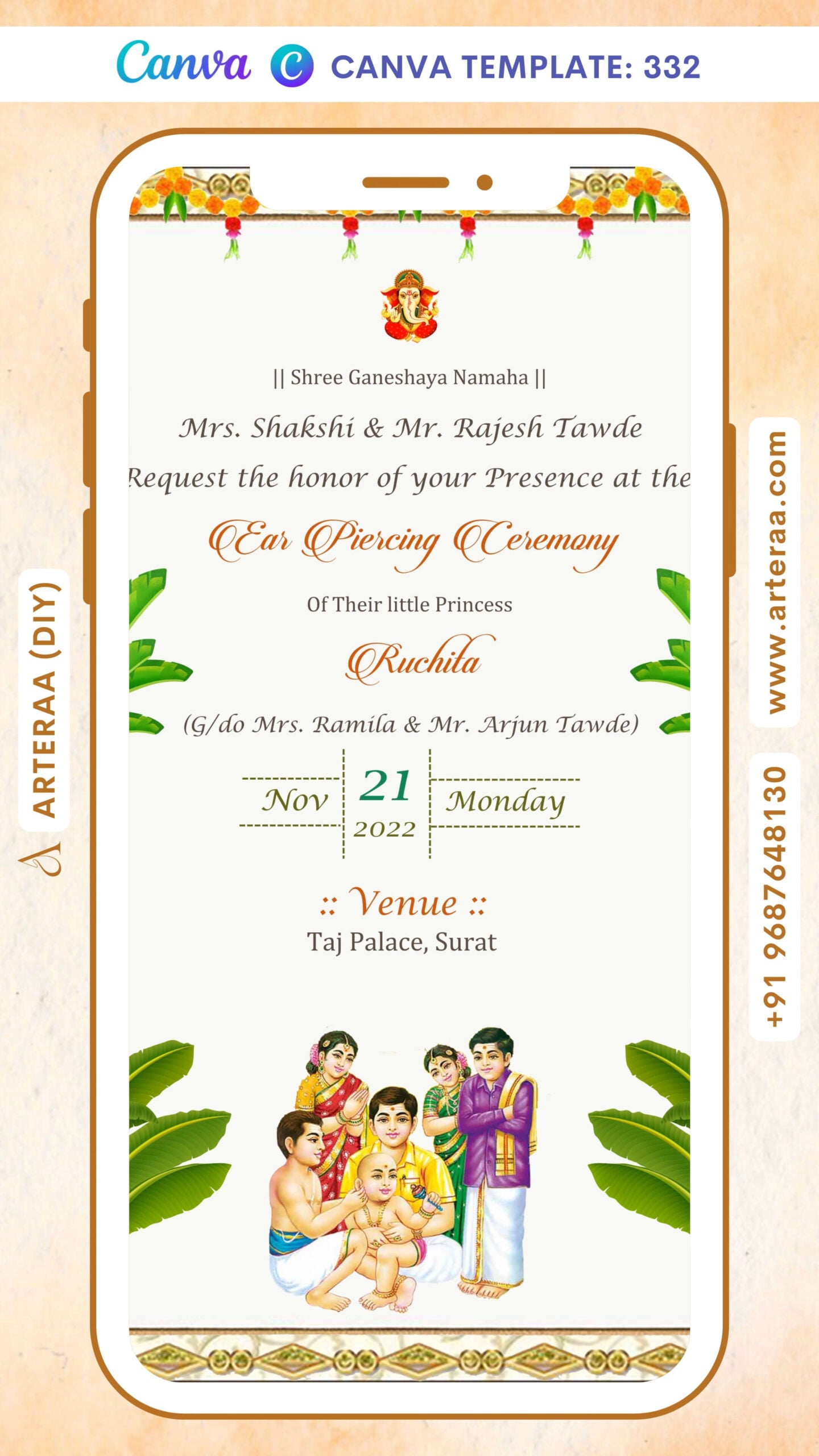 Ear Piercing ceremony invitation card Canva Editable Template in english language with marigold garland, leaves as traditional theme design 332