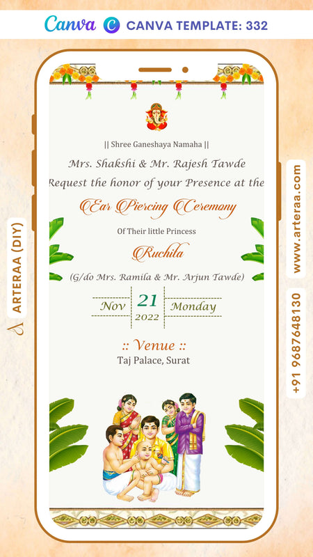 Ear Piercing ceremony invitation card Canva Editable Template in english language with marigold garland, leaves as traditional theme design 332