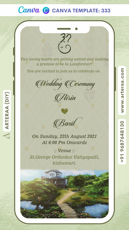 Wedding ceremony invitation card Canva Editable Template of hindu south indian malayali family in english language with Garden theme design 333