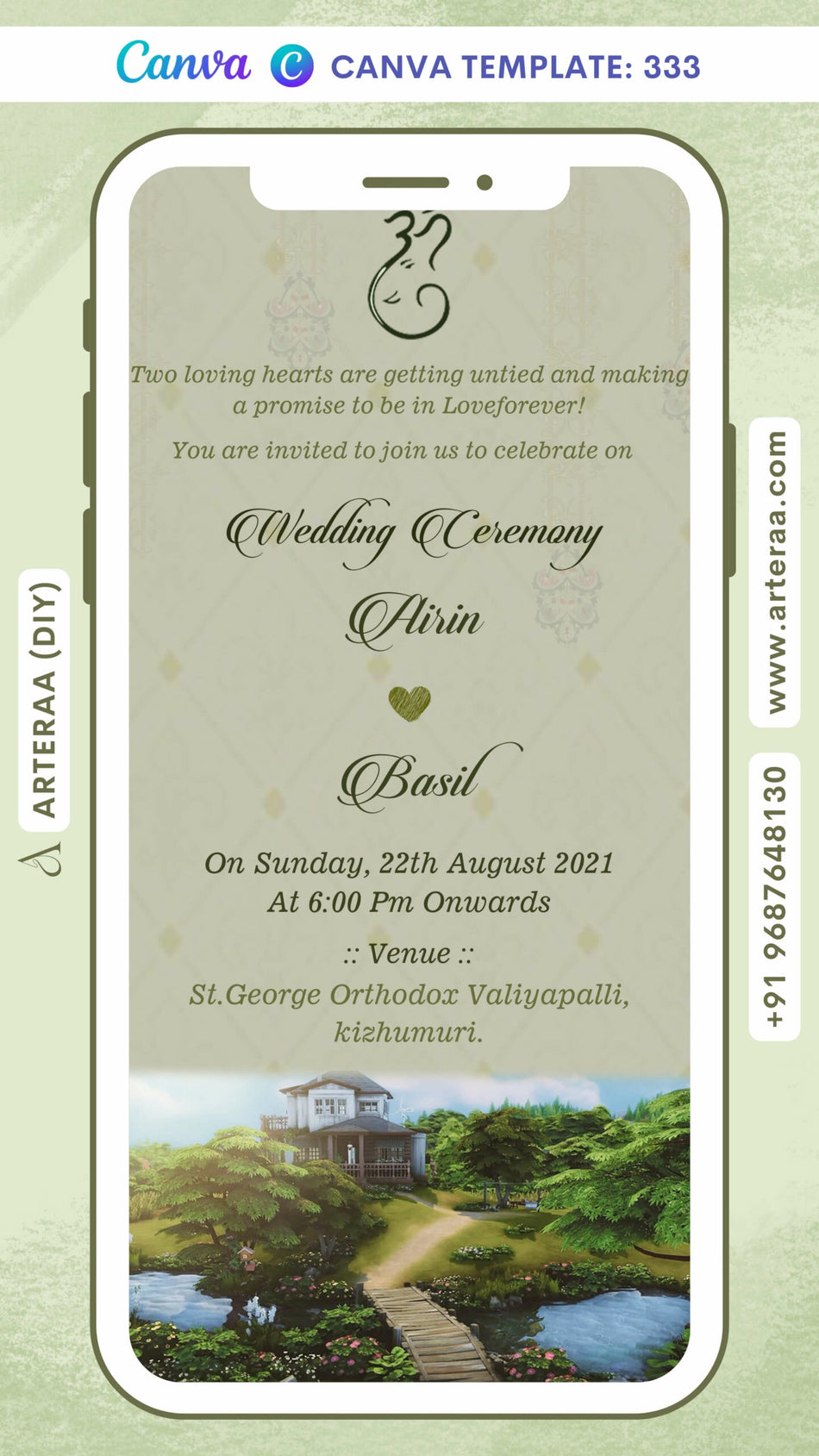 Wedding ceremony invitation card Canva Editable Template of hindu south indian malayali family in english language with Garden theme design 333