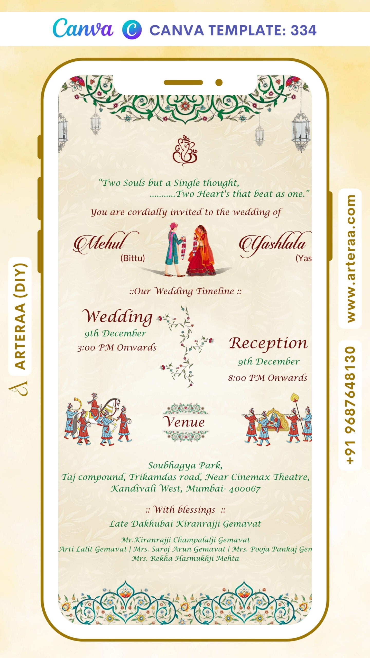 Wedding ceremony invitation Canva Editable video Template of hindu maharashtrian marathi family in english language with Mandala theme design 334