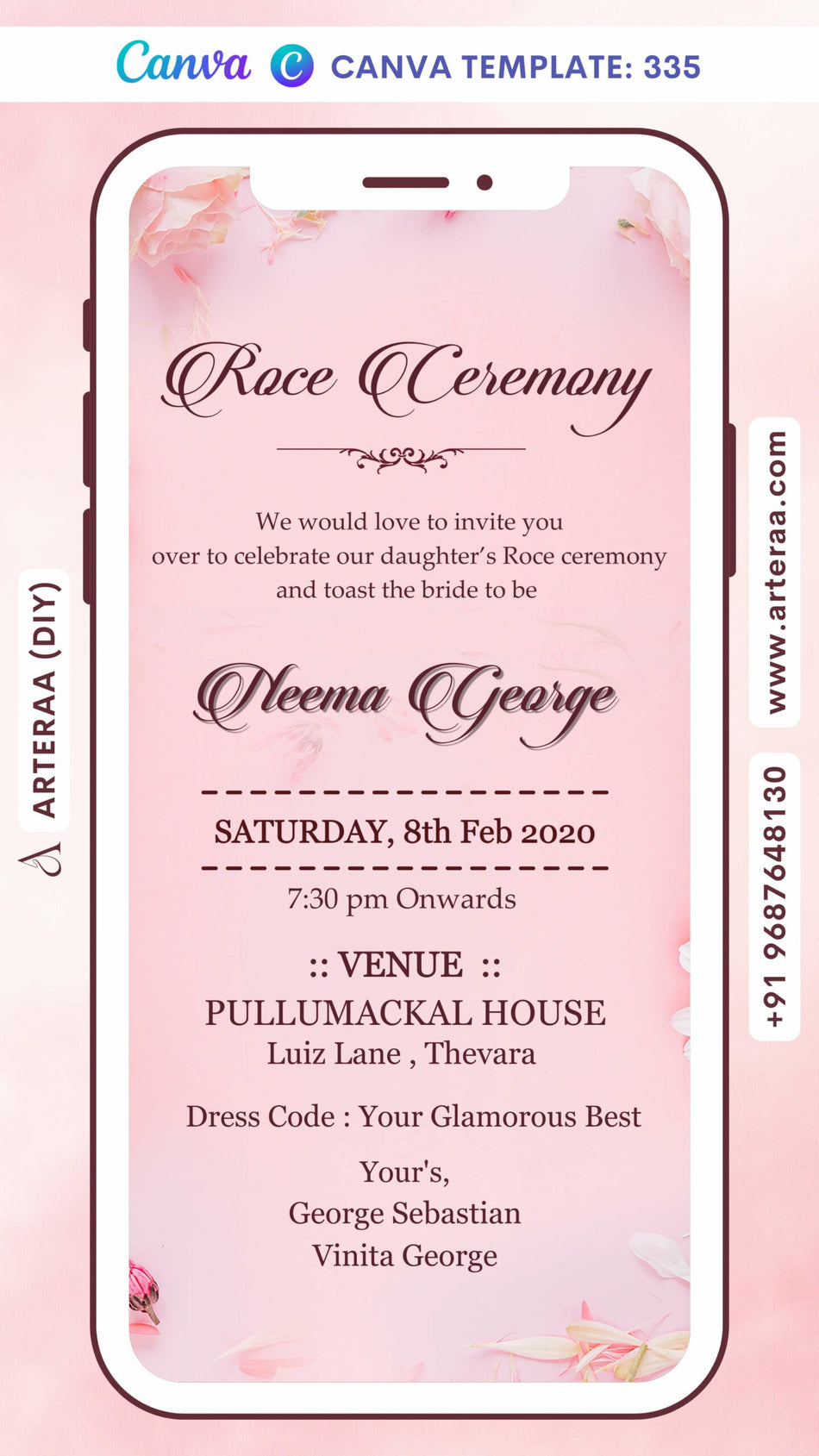 Digital Role Ceremony Invitation of Indian Family in English Language With Floral Theme Canva Editable Template Design No. 335